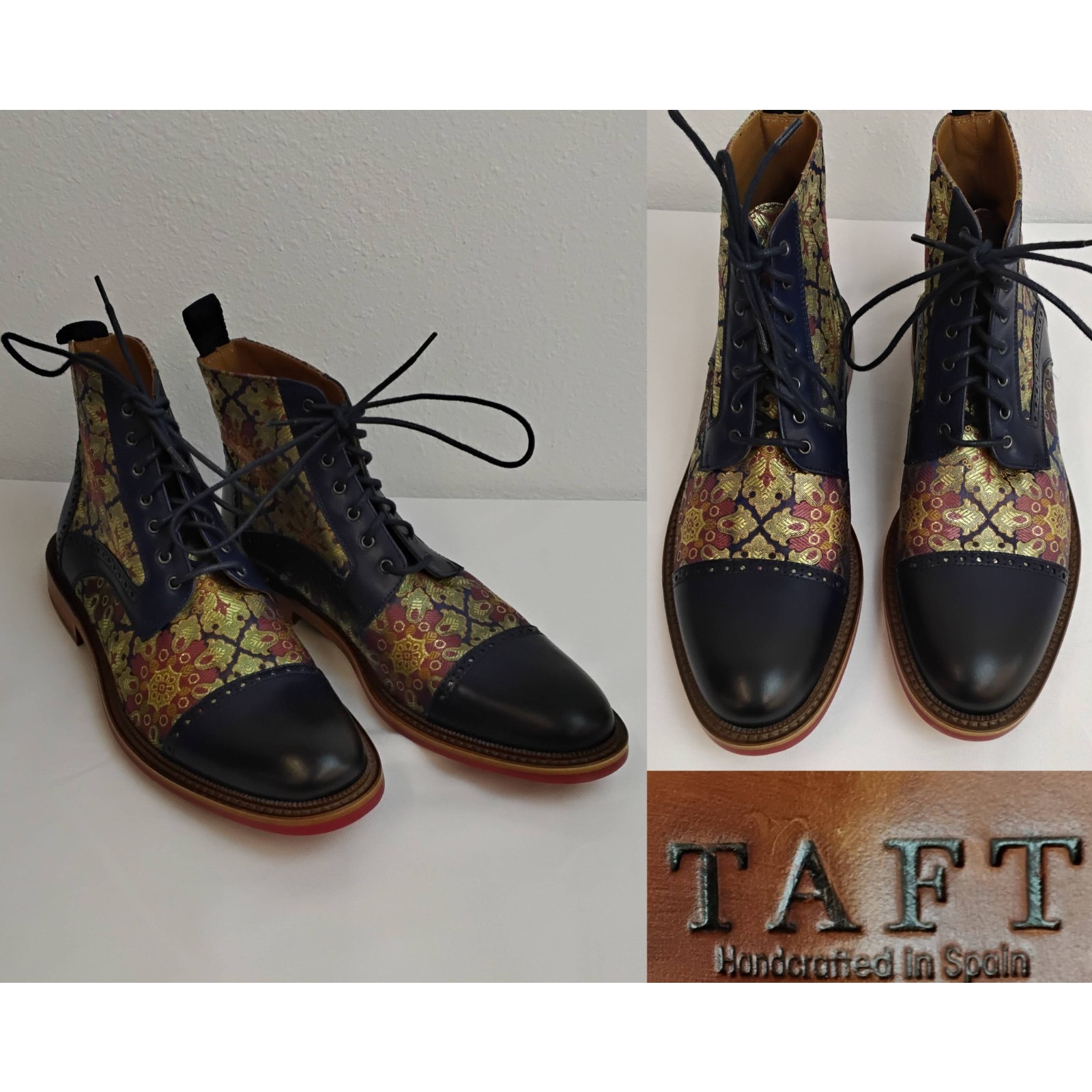 Taft Jacquard Kashmir Boots Men's Eu 41 Us 8.5 Blue Leather Wing Tip #J5348